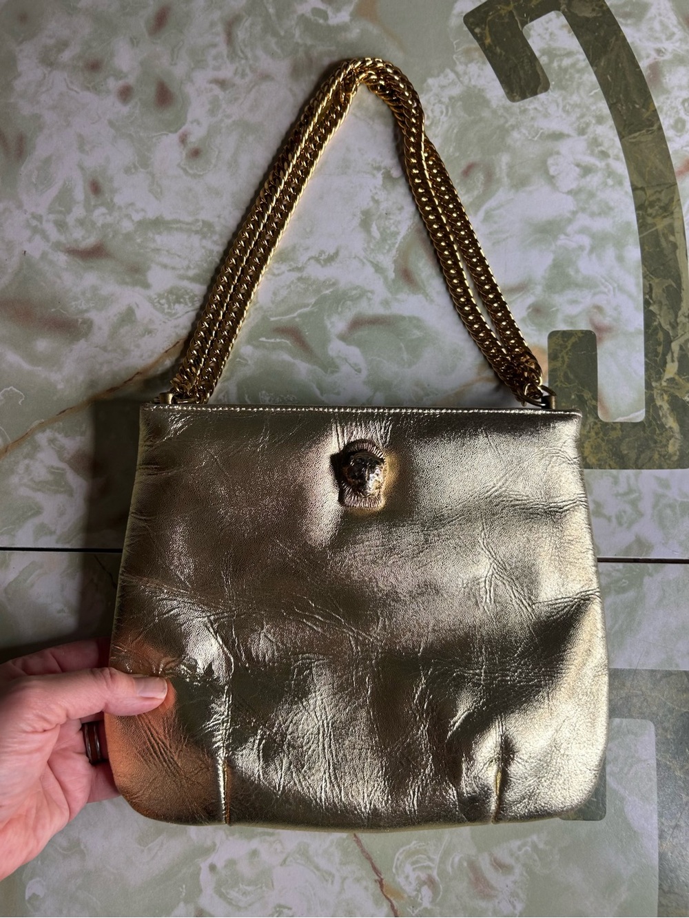 Vintage Y2K Ruth Saltz Metallic Gold Chain Shoulder Bag | Lion Head Glam
